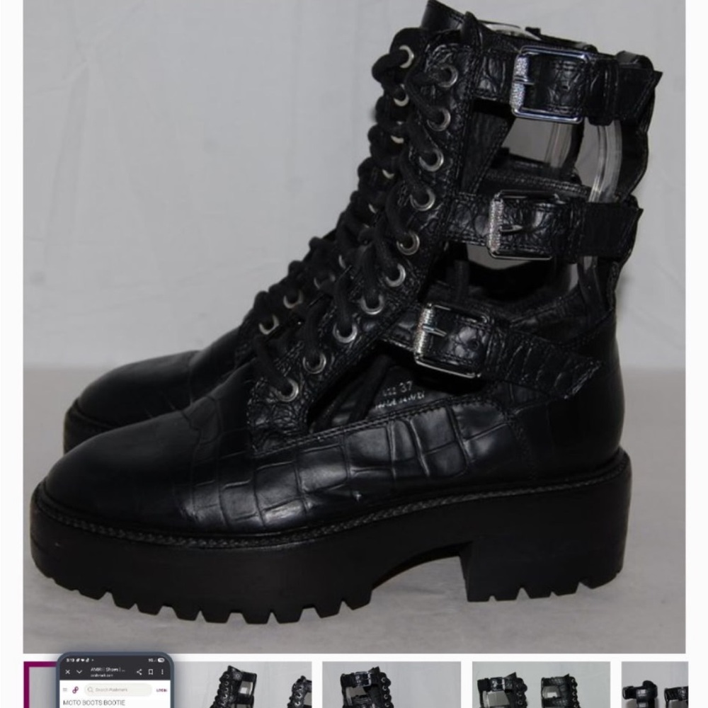 AMIRI Black Croc-Embossed Combat Boots